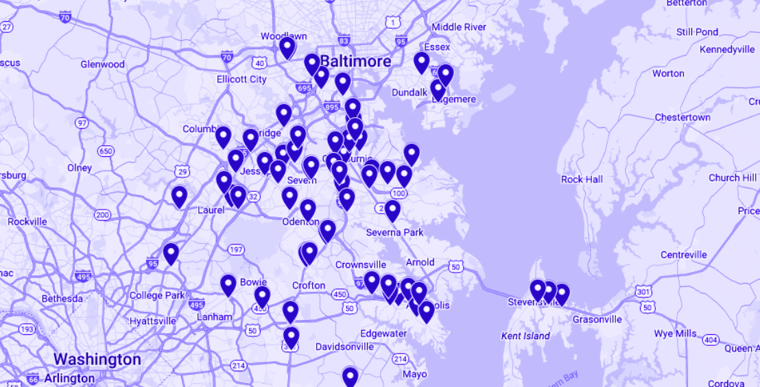 Map of Anne Arundel County, MD with pins placed for each car wash location.